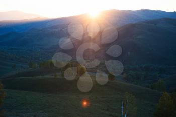 Beauty dawn in the mountains in Altay, panoramic picture