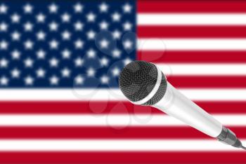 Presentation. or voice concept - microphone on USA flag background.