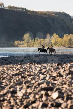 CHARISHSKOE. ALTAISKIY KRAI. WESTERN SIBERIA. RUSSIA - SEPTEMBER 15, 2016: descendants of the Cossacks in the Altai, cossack rides a horse on the Charish river on September 15, 2016 in Altayskiy krai, Siberia, Russia.