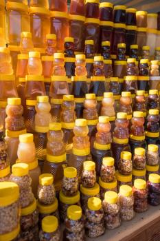 A lot of jars with natural organic honey. Altai region