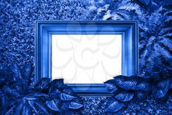 Classic blue color background from leaves and white blank for your design or text. Color of the 2020