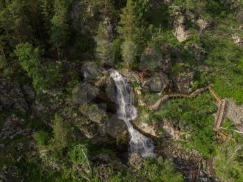 Aerial drone photo of view of waterfall in the Altai Mountains, Siberia, Russia