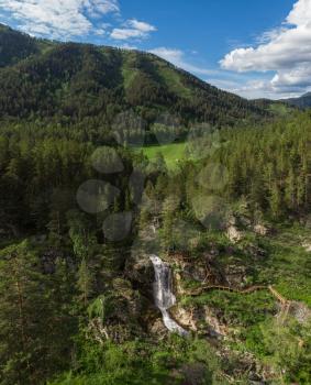 Aerial drone photo of view of waterfall in the Altai Mountains, Siberia, Russia