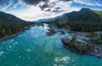 Aerial view of Katun river, in summer morning in Altai mountains, drone shot