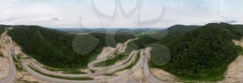 Full 360 equirectangular spherical panorama of aerial top vew of winding road in the mountains, drone shot. Altai Krai, Western Siberia, Russia. Road to Resort town Belokurikha 2. Virtual reality content