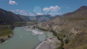 Confluence of two rivers Katun and Chuya in Altai mountains, beauty summer day, cinematic footage