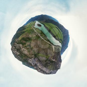 360 spherical panorama of Katun river, with island in the Altai mountains, Siberia, Russia. Virtual reality content