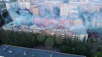 Aerial shots of house burning in the city Barnaul, Altai territory, Russia