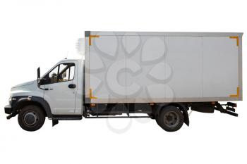 White refrigerated truck side view isolated on white