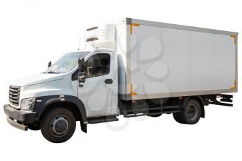 White refrigerated truck side view isolated on white