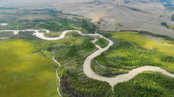 Aerial video over river Chuya in the Kurai steppe between the Kurai and the North Chuia Ranges in the south-eastern Altai, Siberia, Russia