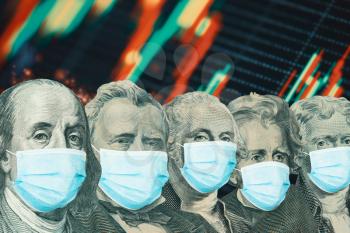 Different american presidents from dollar banknotes with a face masks on stock market background background. Concept of the global financial crisis and pandemic