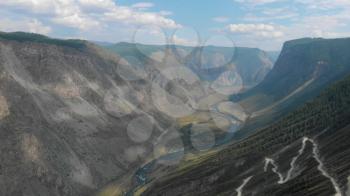 Aerial 4k video of Katu Yaryk mountain pass and the valley of the river of Chulyshman. Altai Republic, Russia, beautiful summer day
