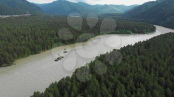 Aerial view of Katun river, in Altai mountains, cinematic drone footage