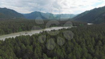 Aerial view of Katun river, in Altai mountains, cinematic drone footage