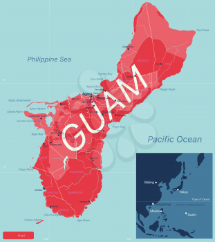 GUAM detailed editable map with regions cities and towns, roads and railways, geographic sites. Vector EPS-10 file