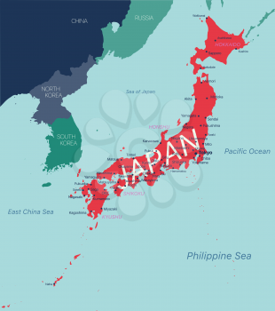 JAPAN detailed editable map with regions cities and towns, geographic sites. Vector EPS-10 file