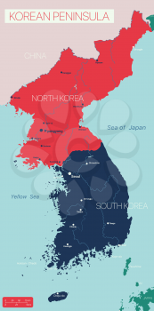 KOREAN PENINSULA detailed editable map with regions cities and towns, geographic sites. Vector EPS-10 file