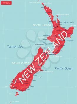 New Zealand detailed editable map with cities and towns, geographic sites. Vector EPS-10 file