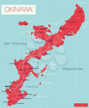Okinawa detailed editable map with cities and towns, geographic sites. Vector EPS-10 file
