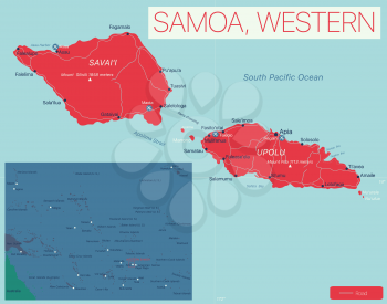 Western Samoa detailed editable map with cities and towns, geographic sites. Vector EPS-10 file