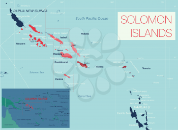 Solomon Islands detailed editable map with cities and towns, geographic sites. Vector EPS-10 file