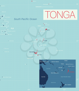 Tonga detailed editable map with cities and towns, geographic sites. Vector EPS-10 file