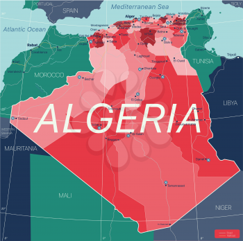 Algeria country detailed editable map with regions cities and towns, roads and railways, geographic sites. Vector EPS-10 file