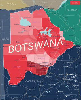 Botswana country detailed editable map with regions cities and towns, roads and railways, geographic sites. Vector EPS-10 file