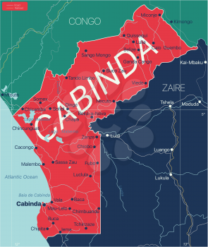 Cabinda country detailed editable map with regions cities and towns, roads and railways, geographic sites. Vector EPS-10 file