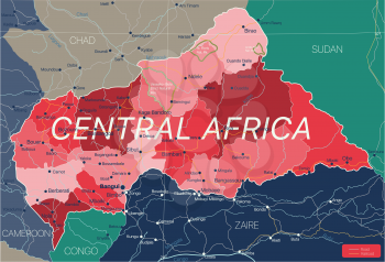 Central Africa country detailed editable map with regions cities and towns, roads and railways, geographic sites. Vector EPS-10 file