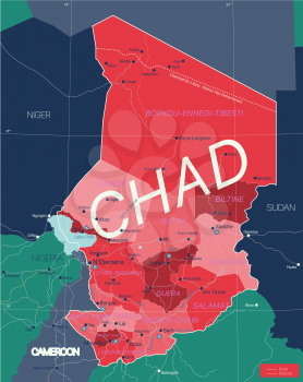 Chad country detailed editable map with regions cities and towns, roads and railways, geographic sites. Vector EPS-10 file