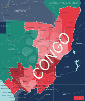 Congo country detailed editable map with regions cities and towns, roads and railways, geographic sites. Vector EPS-10 file