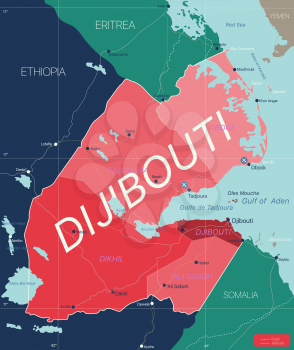 Dijibouti country detailed editable map with regions cities and towns, roads and railways, geographic sites. Vector EPS-10 file