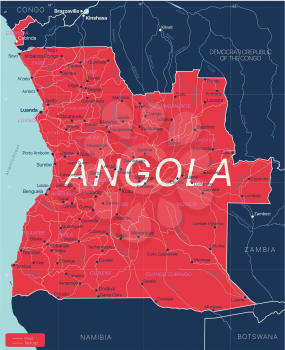 Angola country detailed editable map with regions cities and towns, roads and railways, geographic sites. Vector EPS-10 file