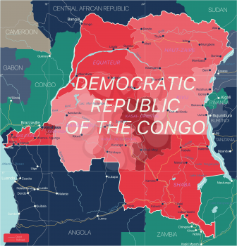 Democratic Republic of Congo country detailed editable map with regions cities and towns, roads and railways, geographic sites. Vector EPS-10 file