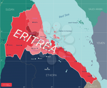 Eritrea country detailed editable map with regions cities and towns, roads and railways, geographic sites. Vector EPS-10 file