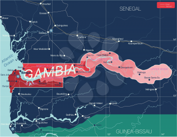 Gambia country detailed editable map with regions cities and towns, roads and railways, geographic sites. Vector EPS-10 file