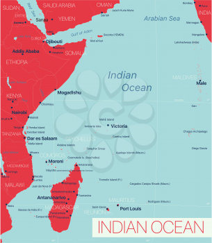Indian ocean region detailed editable map with regions cities and towns, geographic sites. Vector EPS-10 file