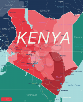 Kenya country detailed editable map with regions cities and towns, roads and railways, geographic sites. Vector EPS-10 file