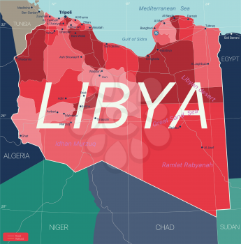 Libya country detailed editable map with regions cities and towns, roads and railways, geographic sites. Vector EPS-10 file