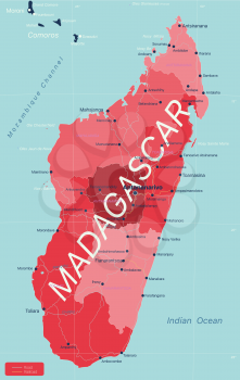 Madagascar country detailed editable map with regions cities and towns, roads and railways, geographic sites. Vector EPS-10 file