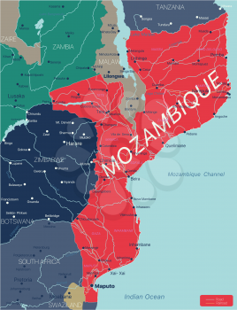 Mozambique country detailed editable map with regions cities and towns, roads and railways, geographic sites. Vector EPS-10 file