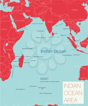 Indian ocean region detailed editable map with regions cities and towns, geographic sites. Vector EPS-10 file