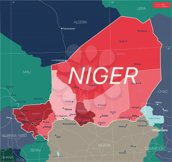 Niger country detailed editable map with regions cities and towns, roads and railways, geographic sites. Vector EPS-10 file