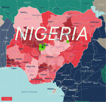 Nigeria country detailed editable map with regions cities and towns, roads and railways, geographic sites. Vector EPS-10 file