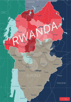 Rwanda country detailed editable map with regions cities and towns, roads and railways, geographic sites. Vector EPS-10 file