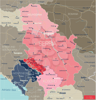Sanjak region in Serbia and Montenegro, detailed editable map with regions cities and towns, roads and railways, geographic sites. Serbia Kosovo and Montenegro map. Vector EPS-10 file