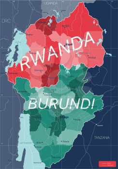 Rwanda and Burundi country detailed editable map with regions cities and towns, roads and railways, geographic sites. Vector EPS-10 file