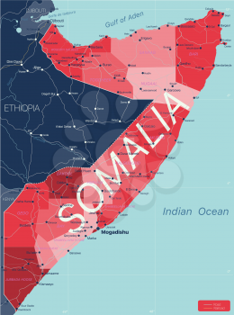 Somalia country detailed editable map with regions cities and towns, roads and railways, geographic sites. Vector EPS-10 file